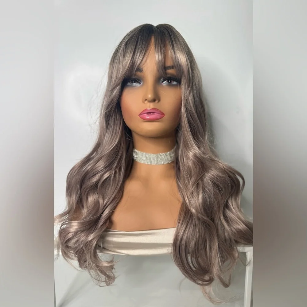 Long Wavy Ash Brown Balayage Silver lilac Wig – Curtain Bangs, Classic
